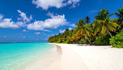 Obraz premium A pristine, sunny beach with vibrant turquoise water, lush tropical vegetation, and a clear, cloud-filled sky. This picturesque scene evokes a sense of peace and serenity.