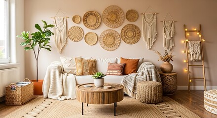 Bohemian Living Room Interior with Natural Decor and Cozy Atmosphere.
