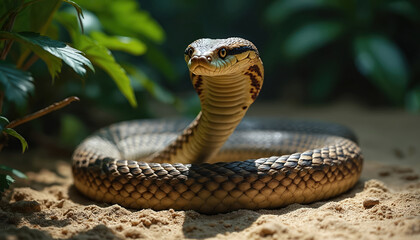 Naklejka premium King cobra in defensive stance, hood flared. Intricate scale patterns glisten. Natural jungle setting with blurred green foliage. Reptile poised on sandy ground, exhibiting its power and beauty.