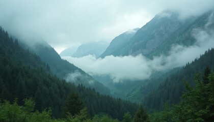 Obraz premium Misty mountains forest landscape photo. Green pine trees, tranquil scenery. Fog, cloud cover over high mountain range. Serene wilderness with peaks, valleys, hiking trail. Travel, nature, calm