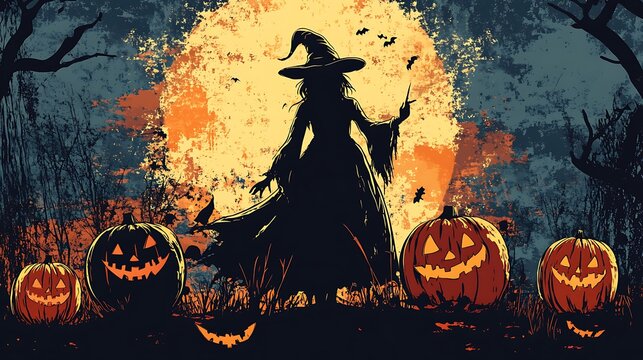 Halloween vintage vector design featuring ghost pumpkin witch