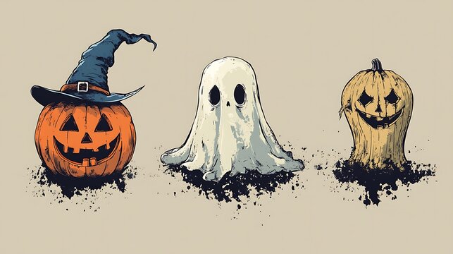 Vintage style vector Halloween ghost pumpkin witch illustration