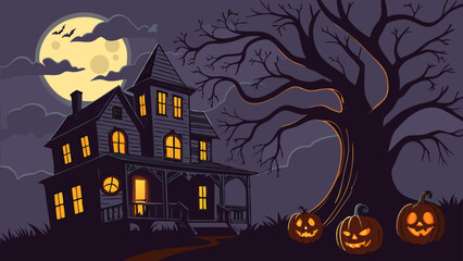 Halloween Haunted House Vector Background with Pumpkins, Full Moon, and Spooky Trees