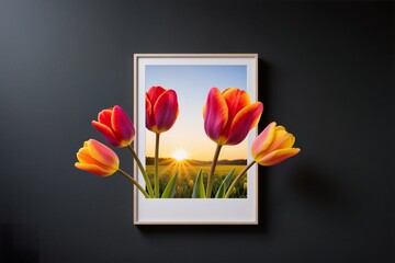 A surreal simple frame in dark wall shows  tulip field glowing under sunrise, petals extending outward in vivid colors
