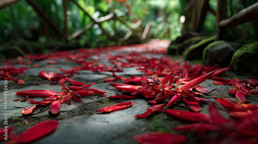 Poster a ground level view of a path covered with fallen red flowers in a lush green environment