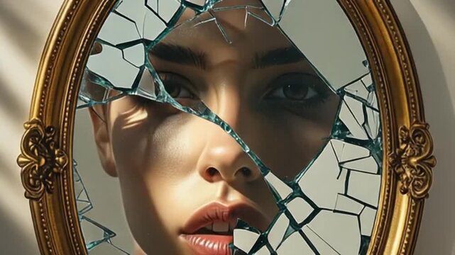 A close-up portrait of a face half in shadow and half in light, set against an antique oval mirror with a shattered glass edge and an ornate, vintage gold frame.