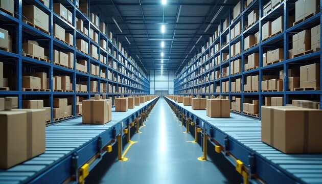 Automated warehouse interior features rows of shelves stocked with packages on conveyor belts. Clean, organized facility with bright lighting showcases efficient logistics and product distribution.