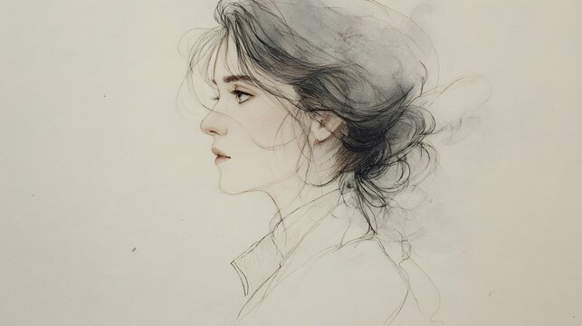 A delicate artistic portrait of a woman drawn with elegance and soft tones