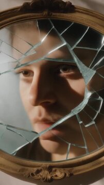 A close-up portrait of a face half in shadow and half in light, set against an antique oval mirror with a shattered glass edge and an ornate, vintage gold frame.