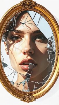 A close-up portrait of a face half in shadow and half in light, set against an antique oval mirror with a shattered glass edge and an ornate, vintage gold frame.