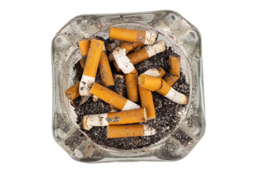 A glass ashtray with extinguished cigarette butts inside on a white background