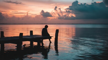 Obraz premium Silhouetted figure sits on dock at sunrise over serene waters