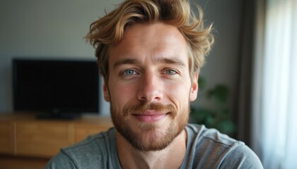 Man with blonde hair and beard in cozy living room. He wears gray t-shirt and smiles directly at camera. Television on wall, window on side. Casual, relaxed atmosphere.