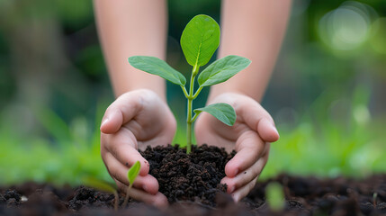 A person is holding a small plant in their hands