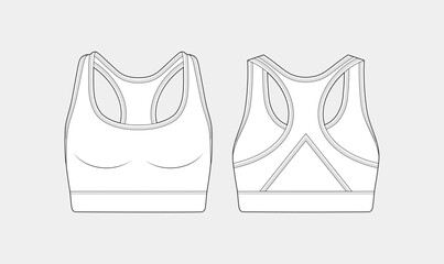 Girls sports bra fashion flat sketch vector, editable outline drawing, technical flat sketch, front view and back view, apparel design template, white background
