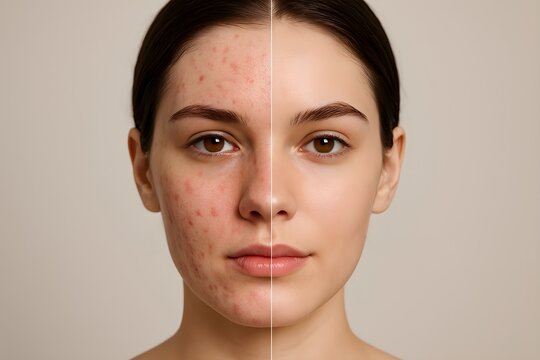 A split face comparison showing acne prone skin on one side and clear smooth skin on the other, representing skincare results, dermatology treatment and cosmetic product effectiveness