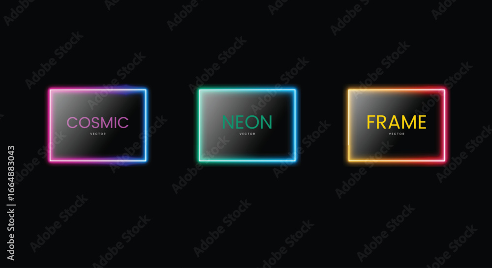 Poster set of neon square frames with gradient fill isolated on dark background