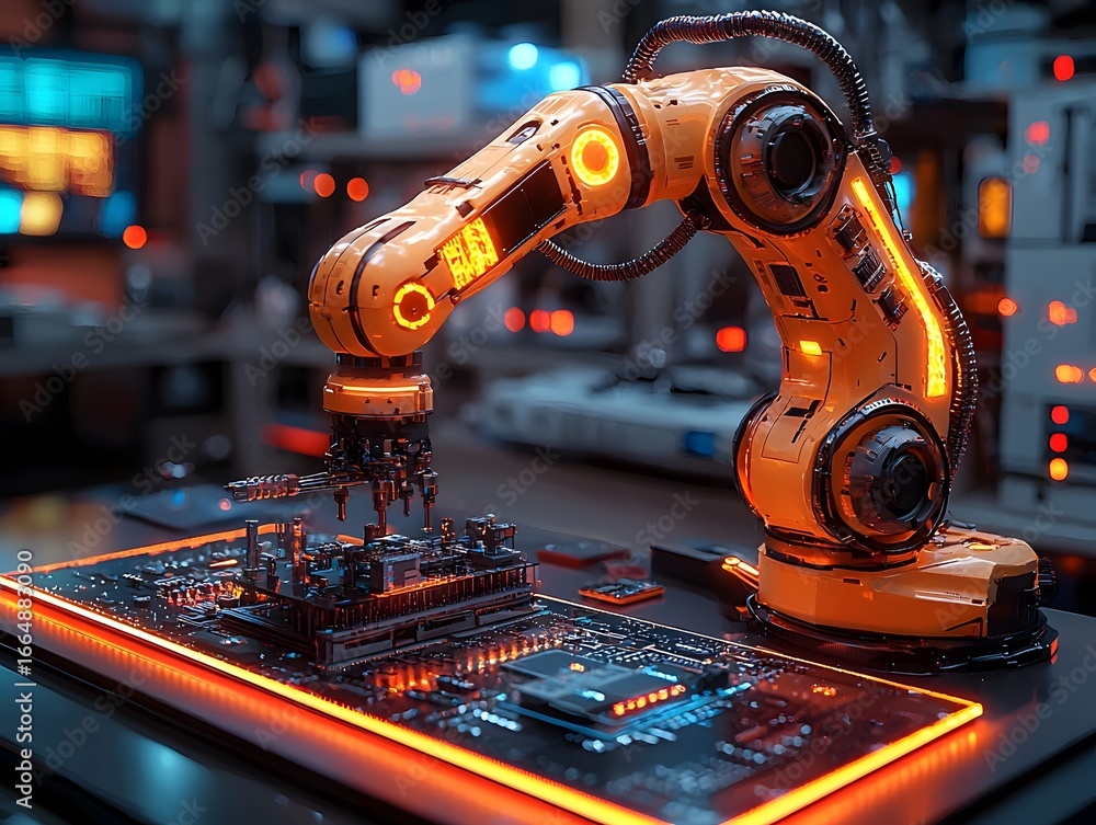 Poster a futuristic robotic arm precisely assembling a microchip in a dimly lit lab with neon holograms lon