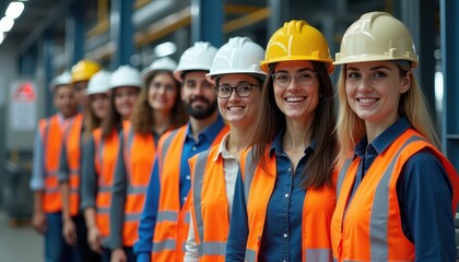 Confident industrial workers in hard hats and safety vests stand together in a factory.