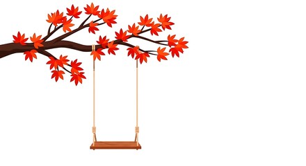 Serene Autumn Scene: Wooden Swing Suspended from a Branch Adorned with Vibrant Red Maple Leaves on a White Background