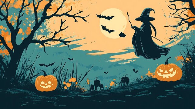 Halloween ghost pumpkin witch vector illustration in retro style