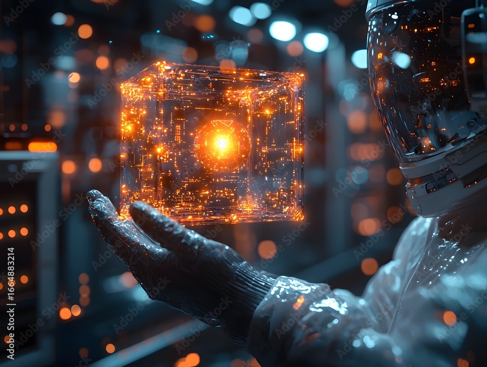 Poster A cyber futuristic laboratory with a scientist holding a transparent cube of pulsating energy and holographic symbols
