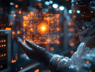 A cyber futuristic laboratory with a scientist holding a transparent cube of pulsating energy and holographic symbols