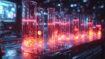 A futuristic laboratory with glowing neon liquids and levitating quantum materials