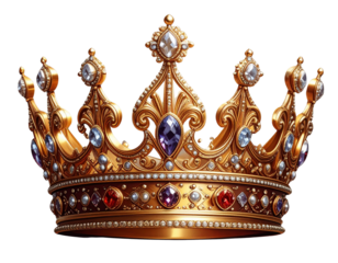 Ornate golden royal crown adorned with jewels on black background