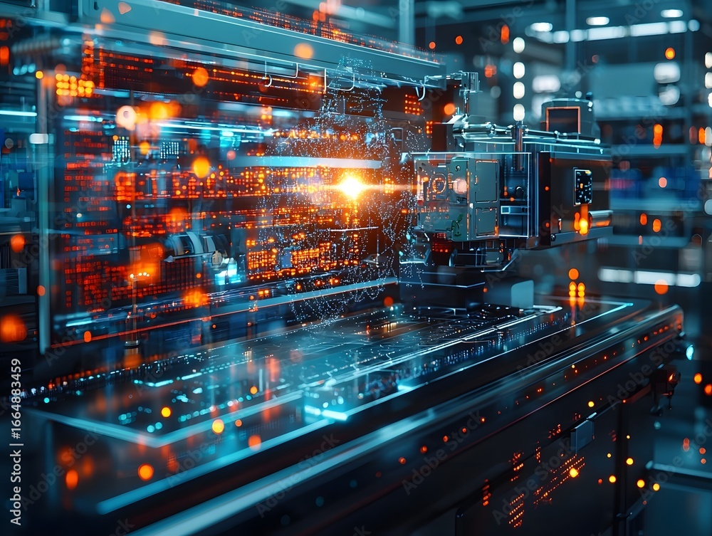 Poster futuristic laboratory with a holographic quantum computer display