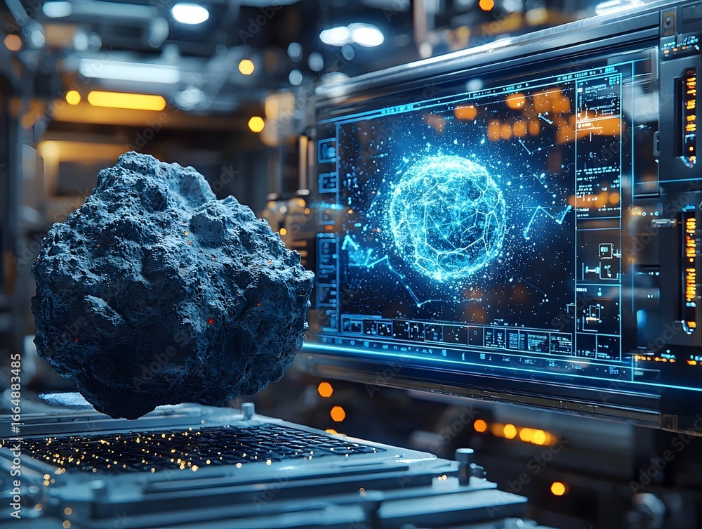 Poster a futuristic space explo n laboratory analyzing a microscopic asteroid debris sample