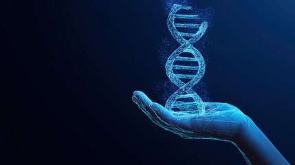 Abstract DNA Helix in Digital Hand on Blue Background &ndash; Futuristic Low Poly Wireframe Medical Science Concept, Genetic Research, Biotechnology, Healthcare Innovation Illustration