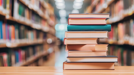 A stack of books on a table in a library