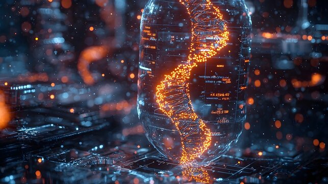 Futuristic laboratory analyzing a DNA sample with holographic reconstruction