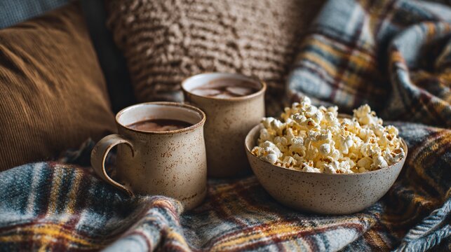 A cozy couch setup with plaid blanket, two mugs of cocoa and a bowl of butter popcorn - Powered by Adobe