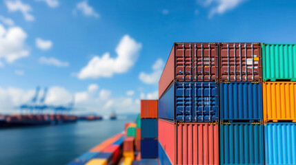 Obraz premium A large stack of containers is on a ship in the ocean