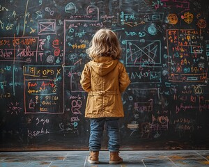 Child scientist examines blackboard filled with creative ideas and equations