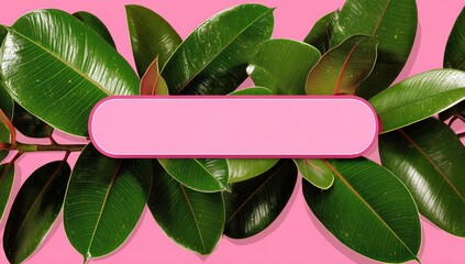 Lush green leaves arranged on a pink background.