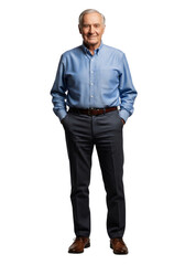 Fototapeta premium Old man standing and looking at the camera with her hands in her pockets, against a white or transparent background