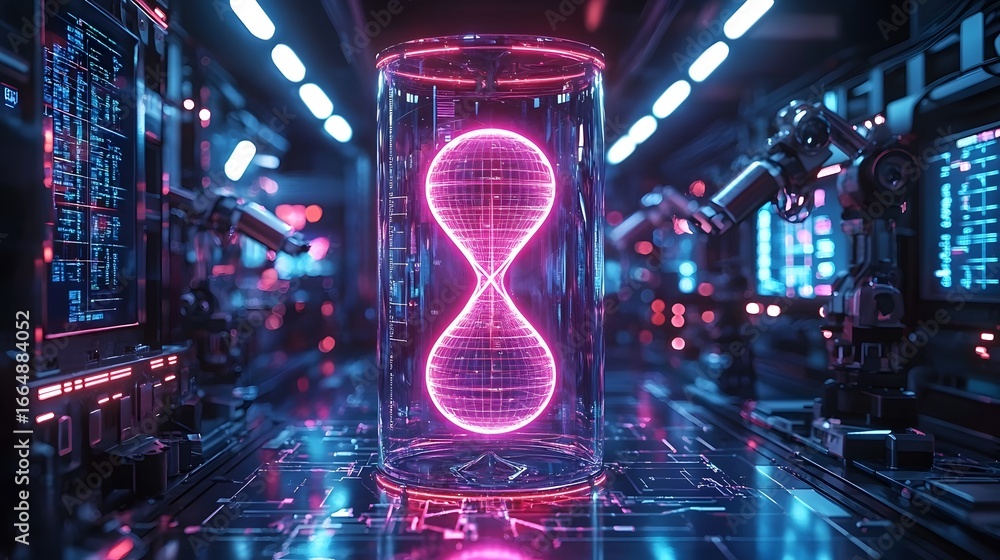 Poster neon hourglass icon in a crystal cube floating in a high tech lab