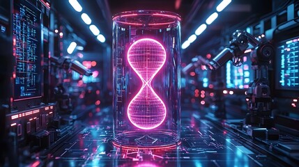 Neon hourglass icon in a crystal cube floating in a high tech lab