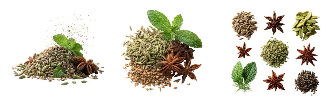 A display of various spices including star anise, fennel seeds, and mint leaves on a white background