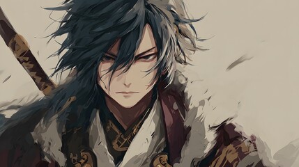 A dramatic anime portrait of a traditional warrior character, standing proud with sharp details