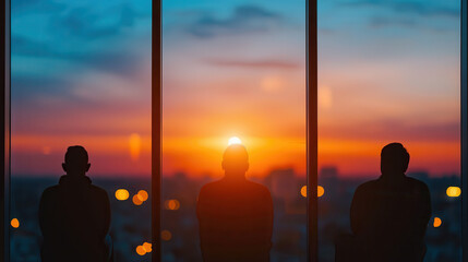 Three people are sitting in a window looking out at the sunset