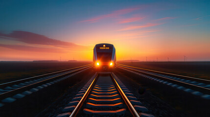 A train is traveling down the tracks at sunset