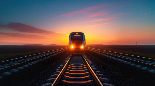 A train is traveling down the tracks at sunset