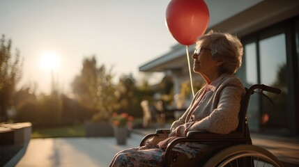 Elderly woman in wheelchair holding red balloon during sunset outdoors