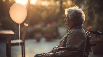 Elderly woman seated in wheelchair, gazing at balloon outdoors in sunlight  