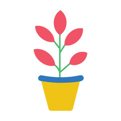 A simple flat design vector icon of a houseplant with vibrant pink leaves and a green stem in a yellow pot with a blue rim.