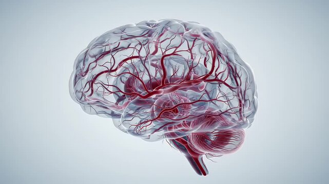 Detailed Translucent Brain with Red Blood Vessels Anatomy Illustration on Light Background